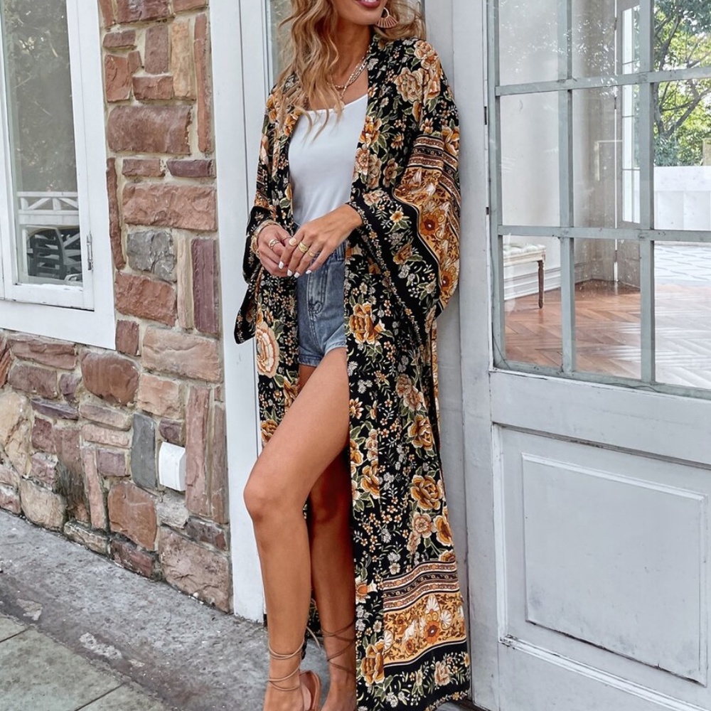 Boho Floral Belted Long Kimono Cover up Beach - Picture 11 of 11